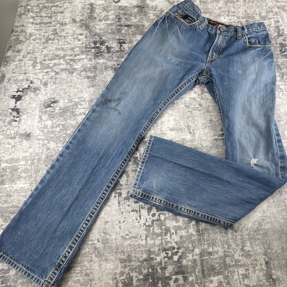 Ariat Mens 34x38 M4 FR Blue Denim Jeans Medium Fade Distressed Bootcut Pants